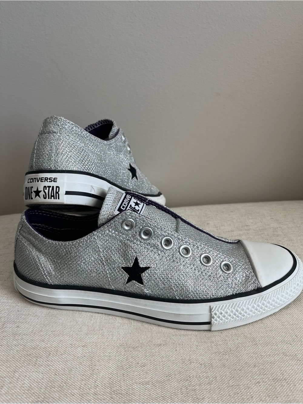 Converse Women’s Silver Glitter One Star Slip-On Sneakers with Black Star